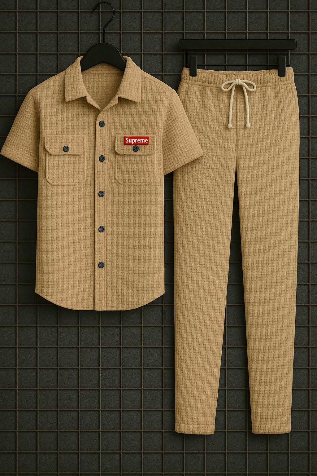 New Safari Waffle Design Tracksuit Set (Button shirt+Trouser) Black 🖤