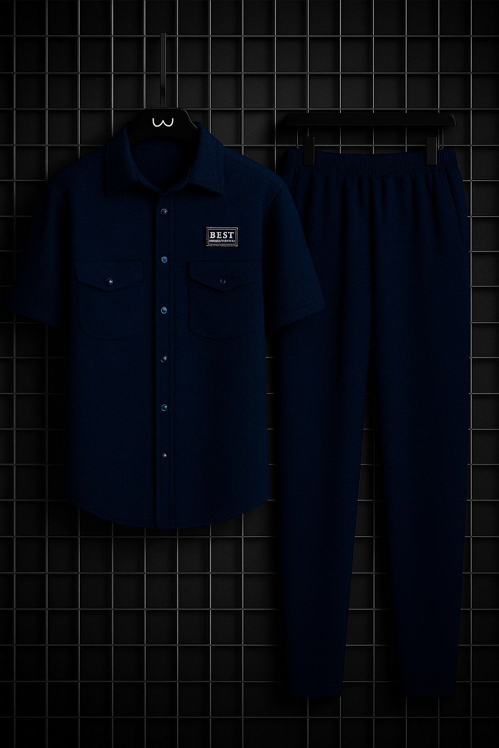New Safari Waffle Design Tracksuit Set (Button shirt+Trouser) Blue