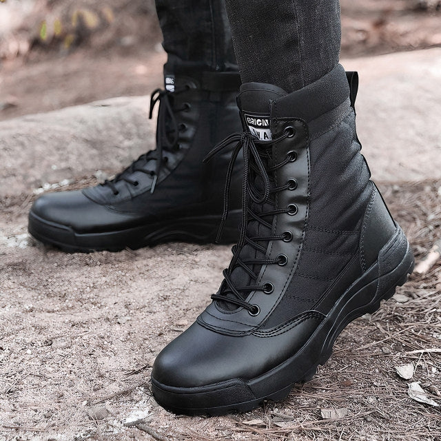 BLACK Men's Military Tactical Boots with Side Zipper Army Long Shoes