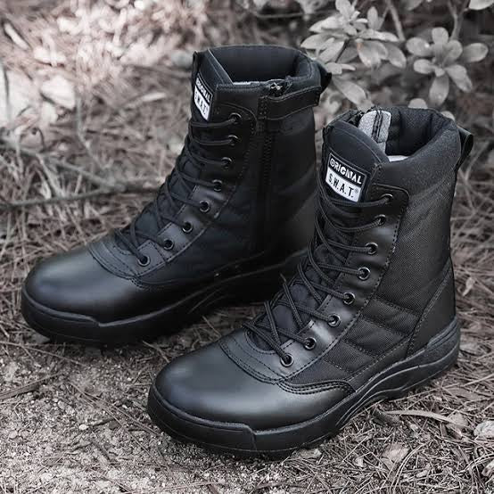 BLACK Men's Military Tactical Boots with Side Zipper Army Long Shoes