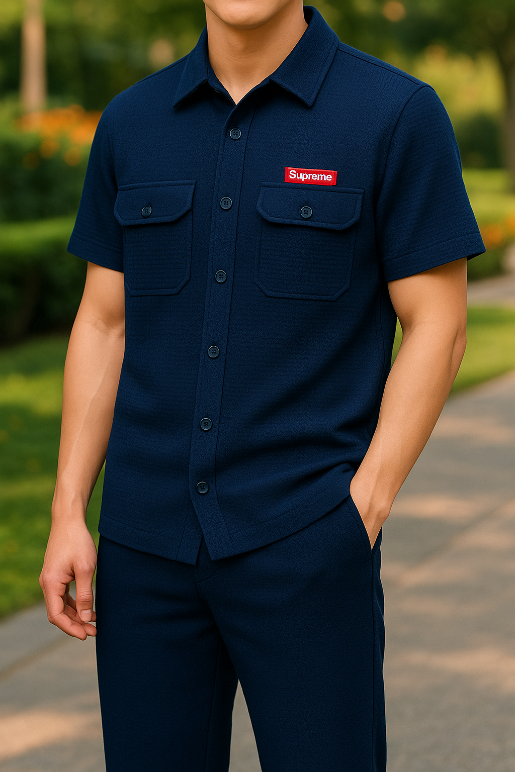 New Safari Waffle Design Tracksuit Set (Button shirt+Trouser) Blue
